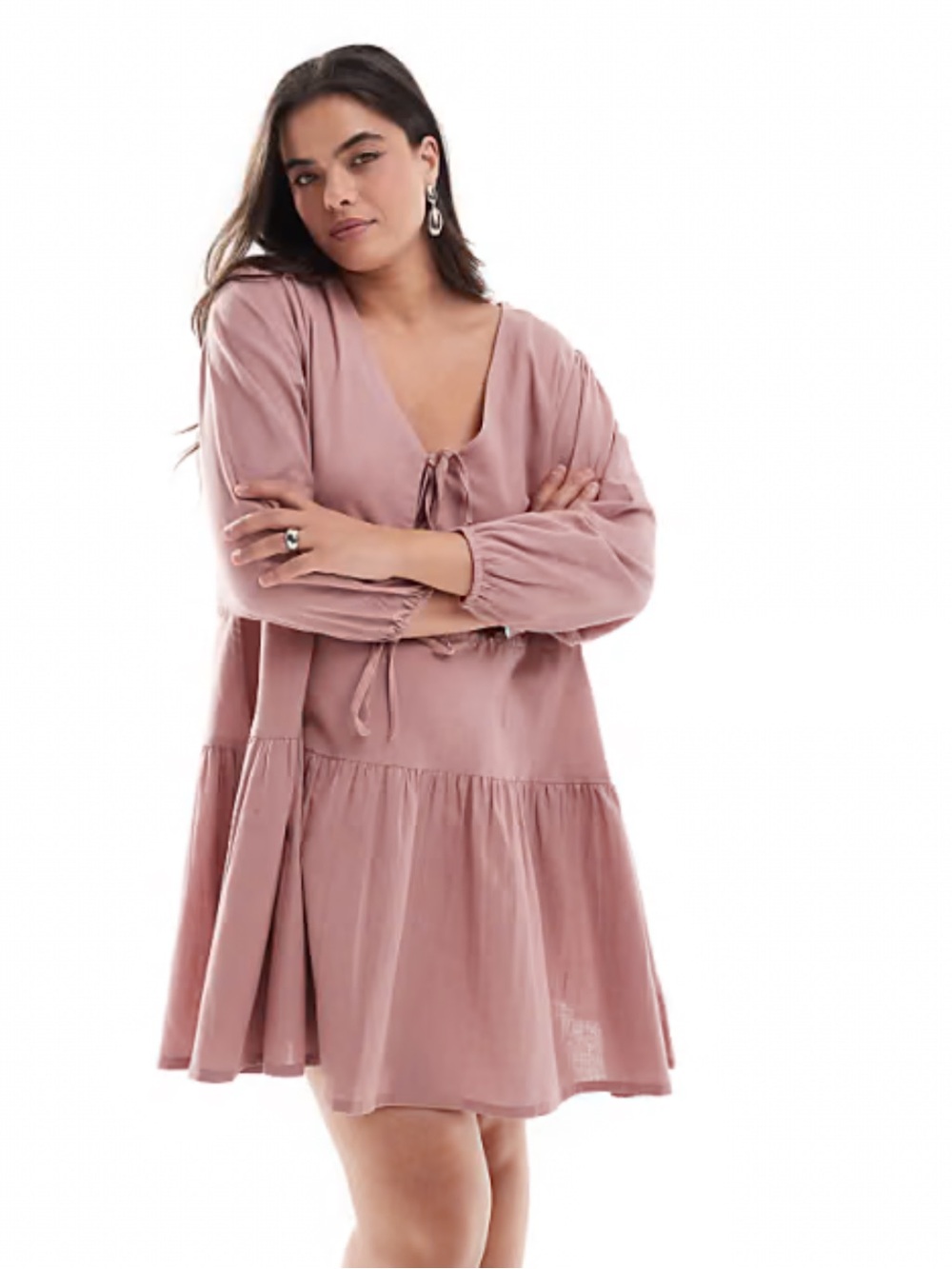 Esmee Curve linen cotton long sleeve tiered mini tie front beach dress size 22